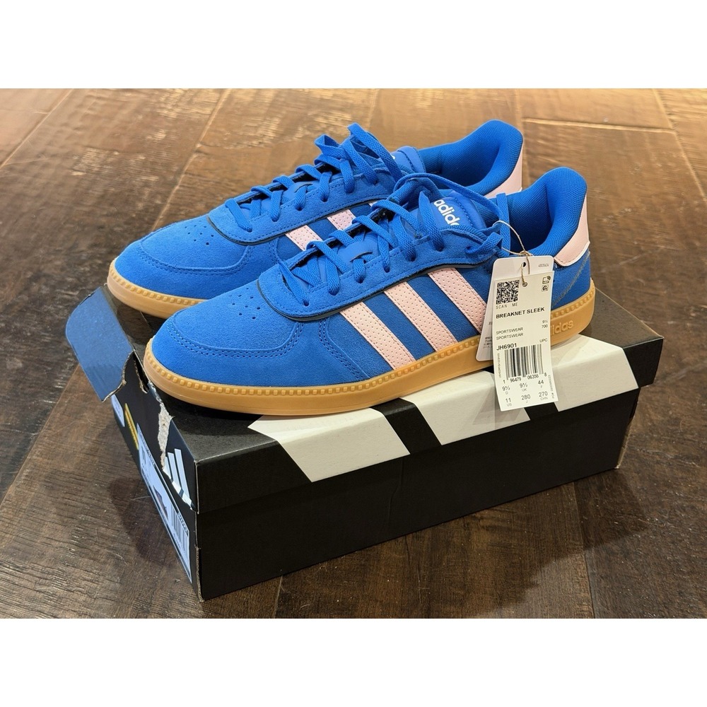 adidas Women's Blue Suede Sneakers with Pink Stripes.
